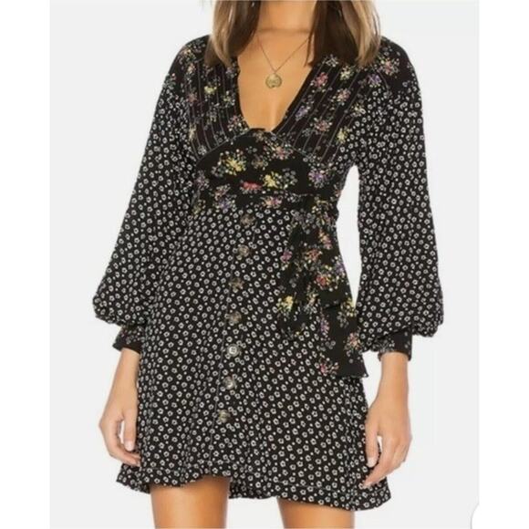 Free People Wonderland Floral Button Up Tunic Dress Size M Black Boho Cottage - Picture 1 of 10